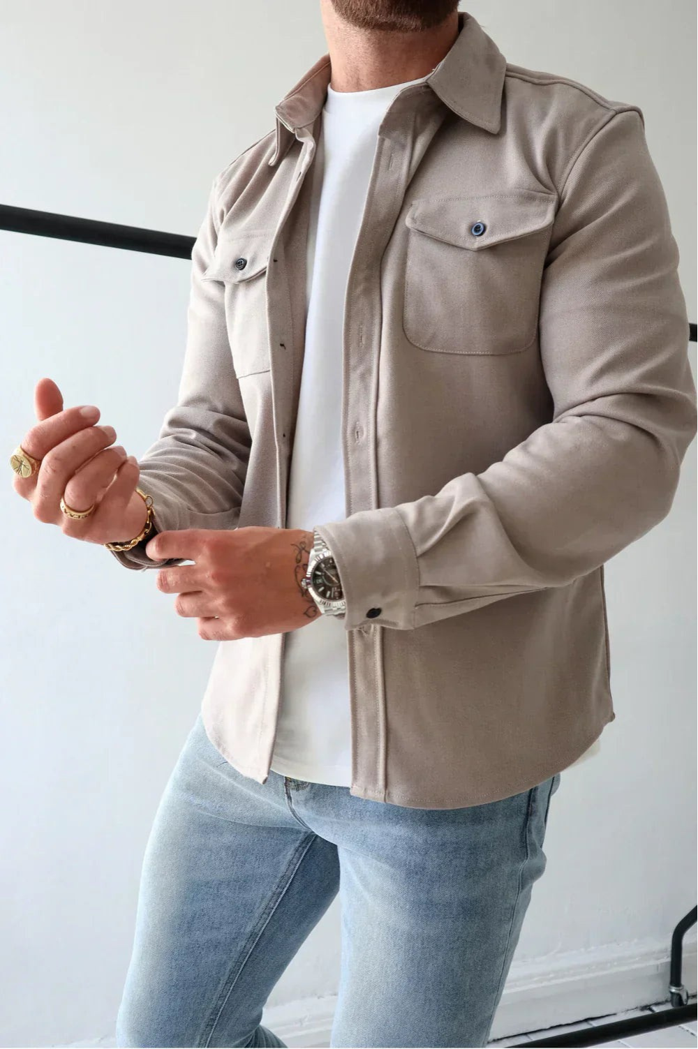 Men's Button-Up Overshirt Shacket with Chest Pocket