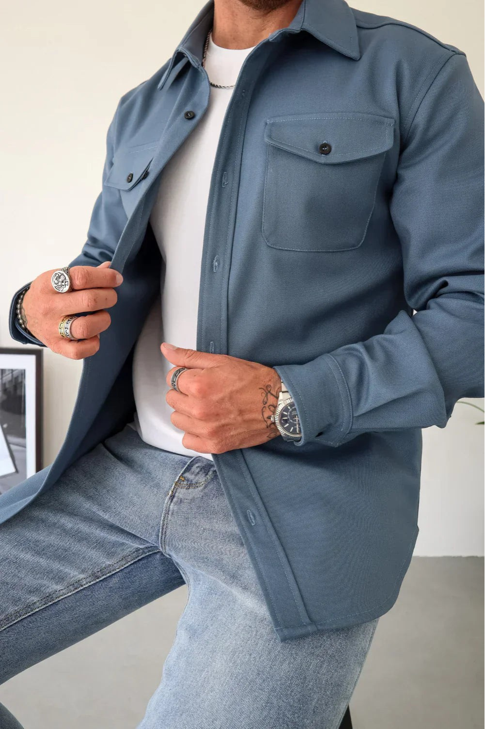 Men's Button-Up Overshirt Shacket with Chest Pocket