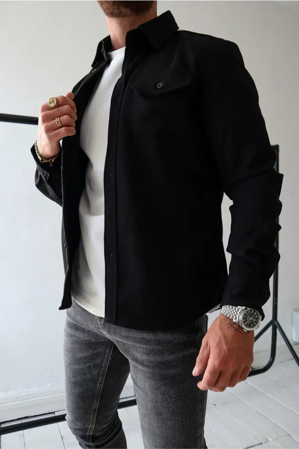 Men's Button-Up Overshirt Shacket with Chest Pocket