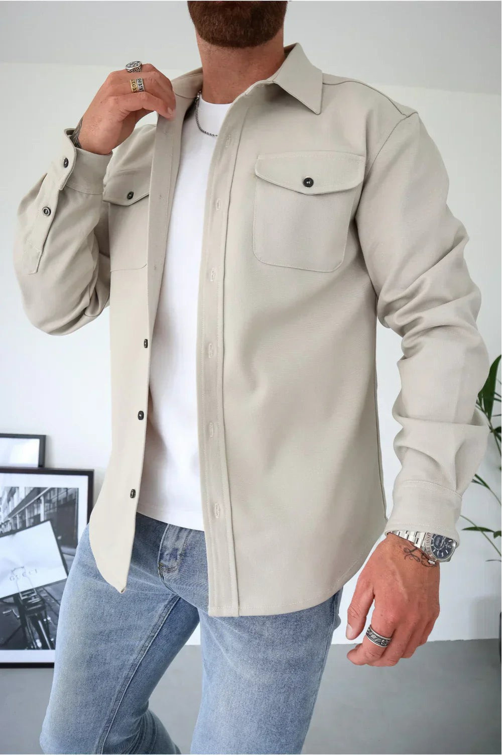 Men's Button-Up Overshirt Shacket with Chest Pocket