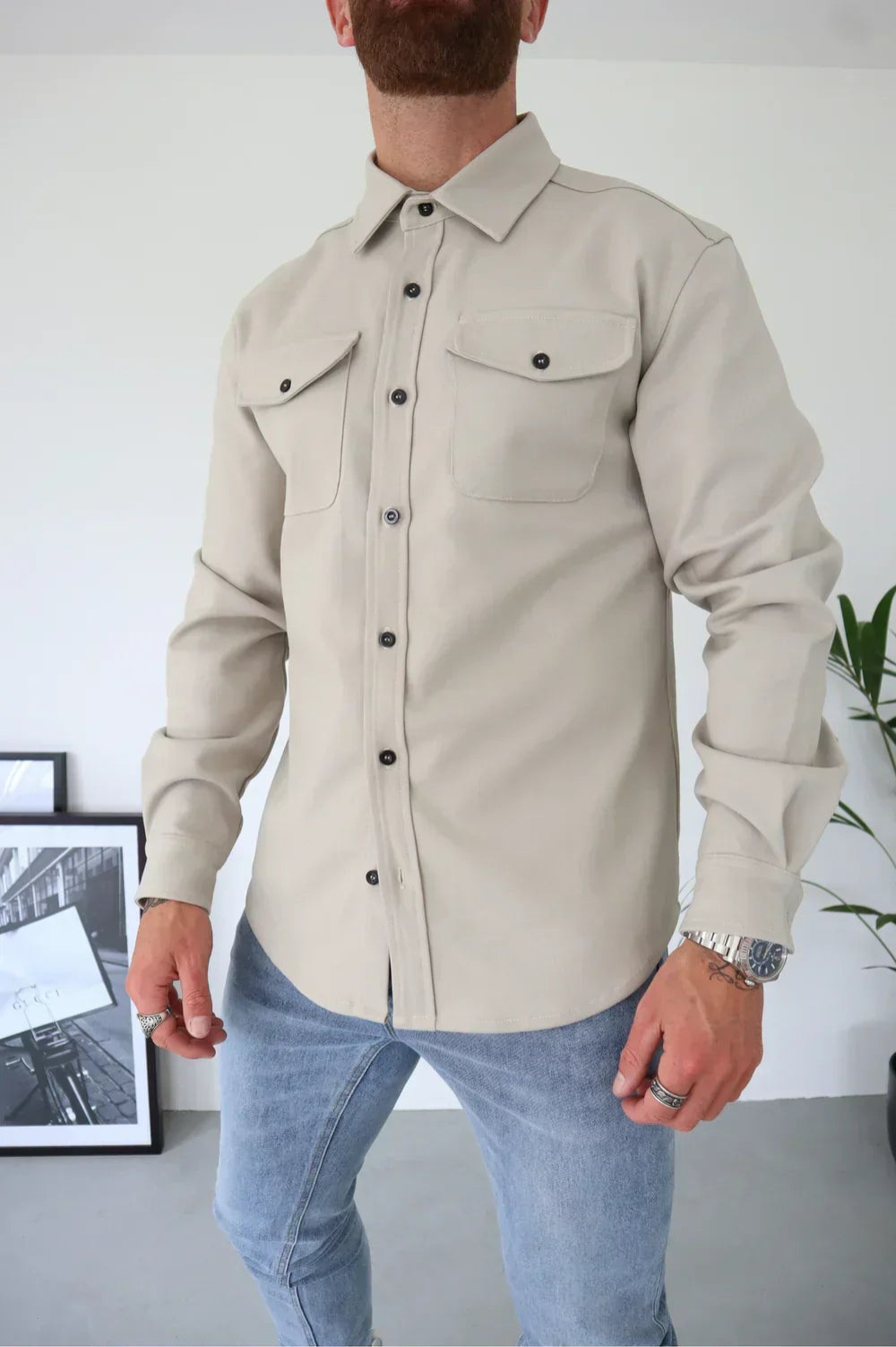Men's Button-Up Overshirt Shacket with Chest Pocket