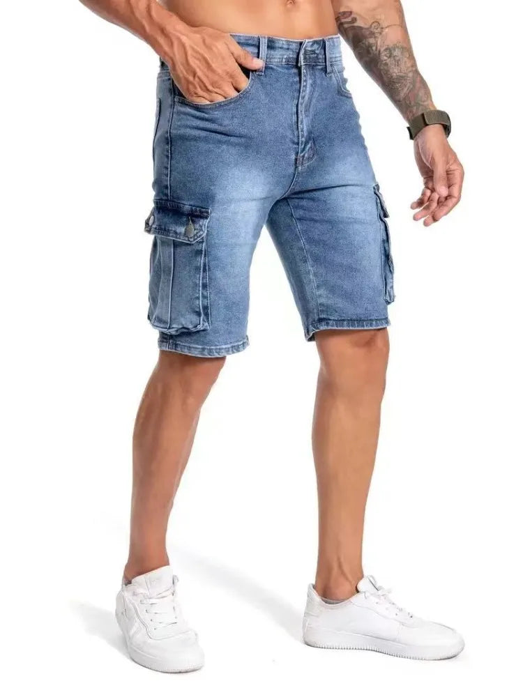 Men's Cargo Denim Shorts – Comfortable Stretch Fit for Casual Summer Outings — model wearing