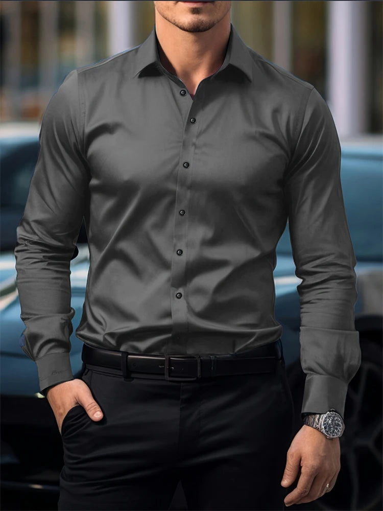 Men's Casual Button Down Shirt – Lightweight Solid Color Long Sleeve Top — alternative angle