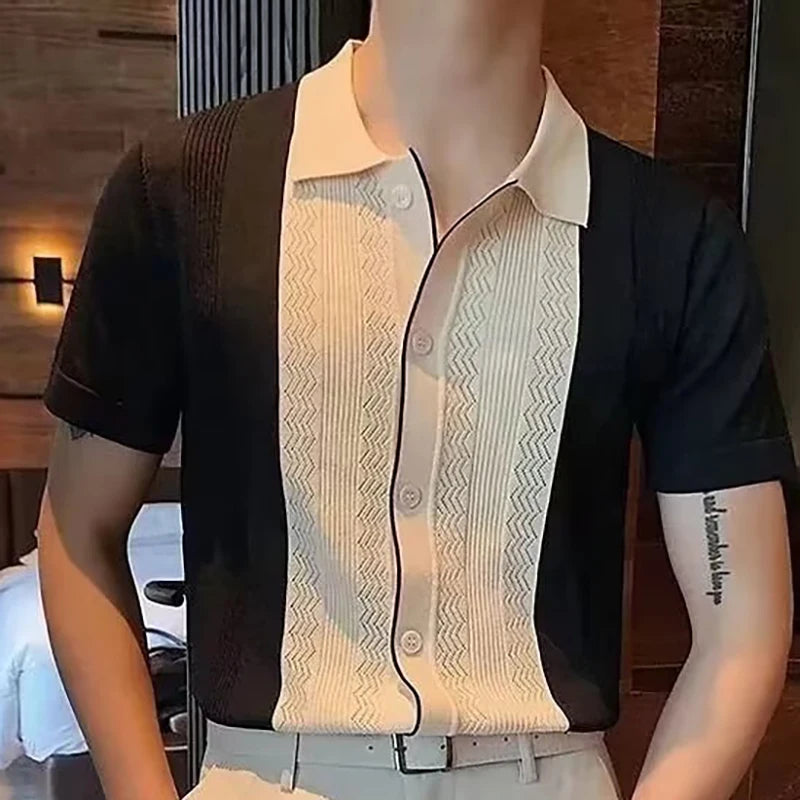 Men's Casual Knit Polo – Stylish Slim Fit Short Sleeve for Summer Outings — model wearing