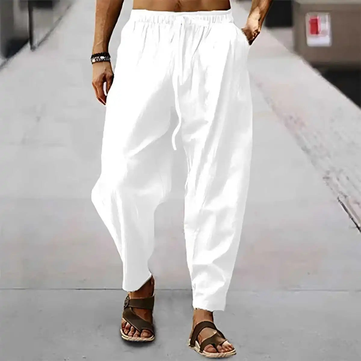 Men's Casual Linen Pants – Breathable Wide-Leg Design for Comfort — fabric detail