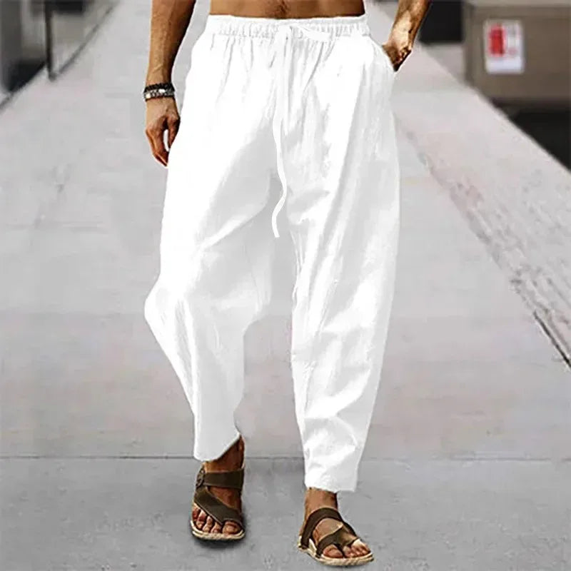 Men's Casual Linen Pants – Breathable Wide-Leg Design for Comfort — model wearing