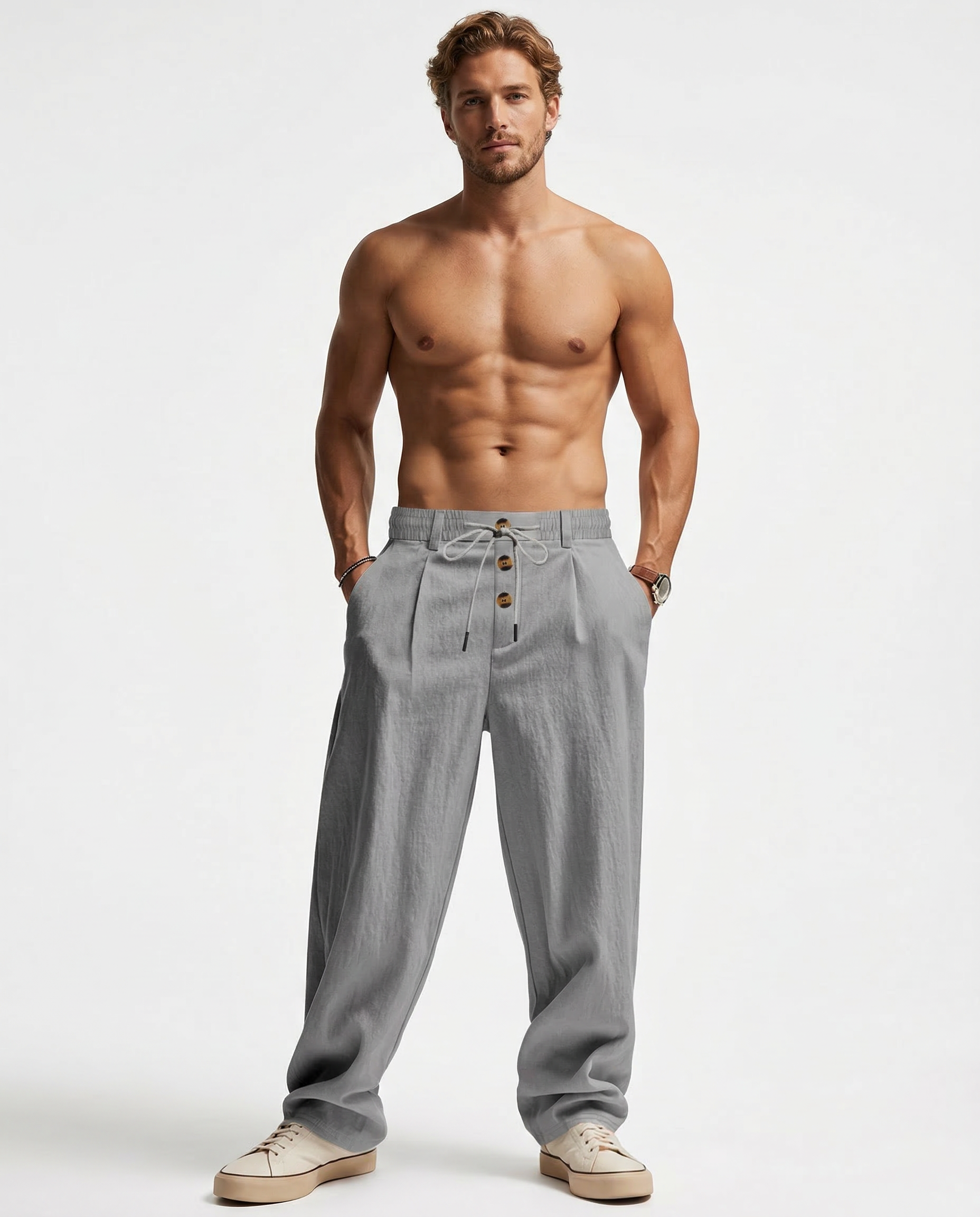 Men's Casual Linen Pants – Comfortable Drawstring Design for Versatile Summer Wear — back view