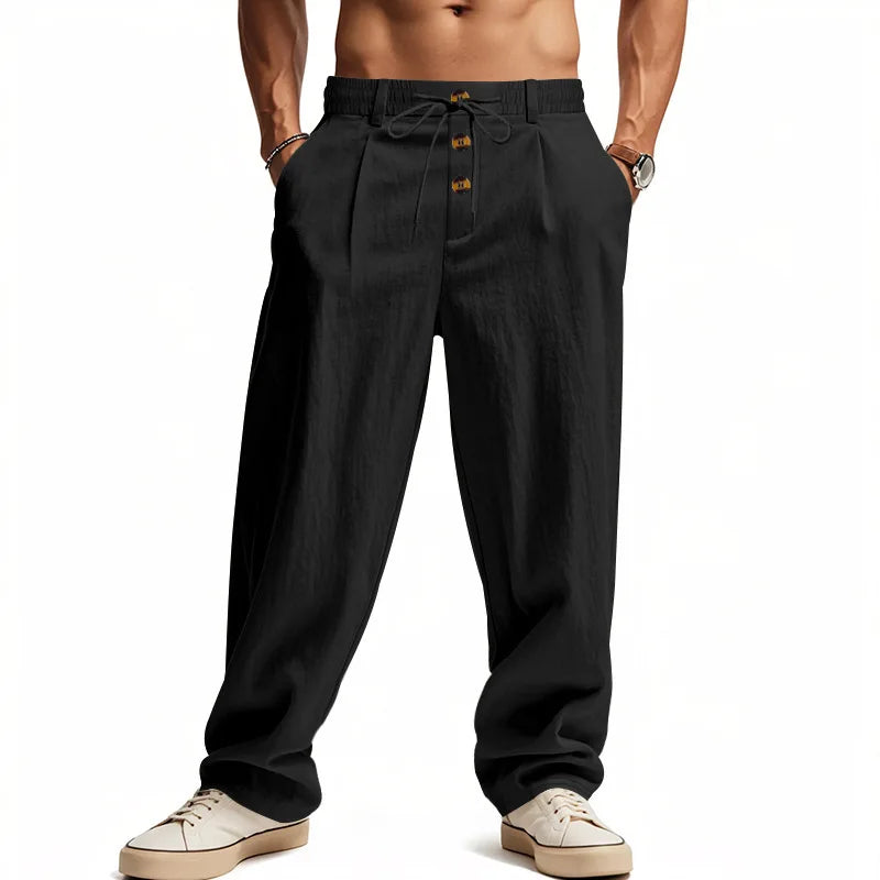 Men's Casual Linen Pants – Comfortable Drawstring Design for Versatile Summer Wear — model wearing