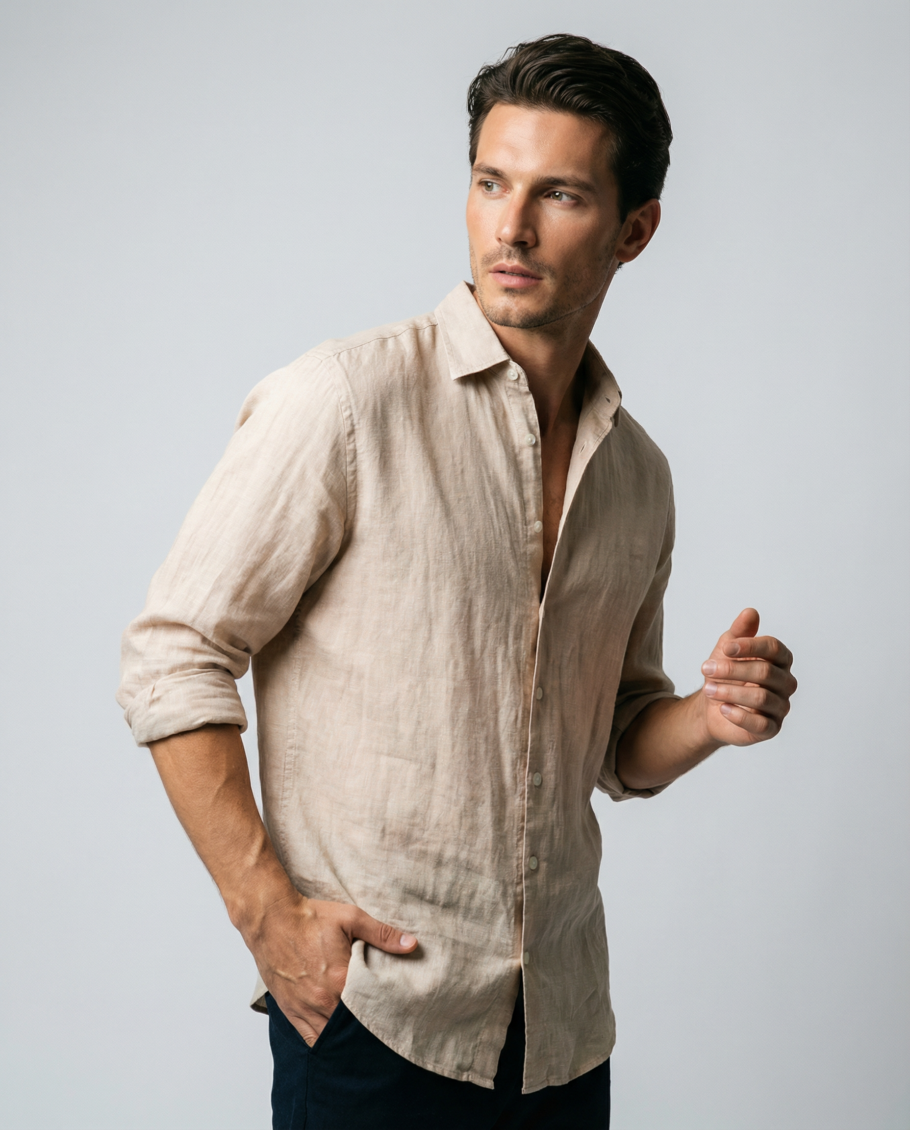 Men's Casual Linen Shirt – Stylish Long Sleeve Top for Versatile Spring & Autumn Wear — detail view