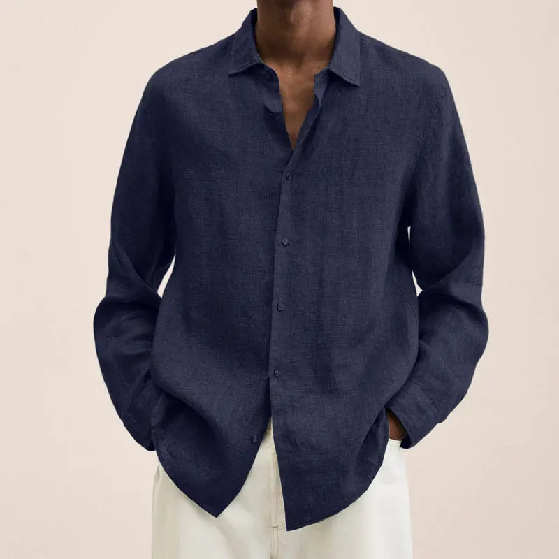 Men's Casual Linen Shirt – Stylish Long Sleeve Top for Versatile Spring & Autumn Wear — front close-up