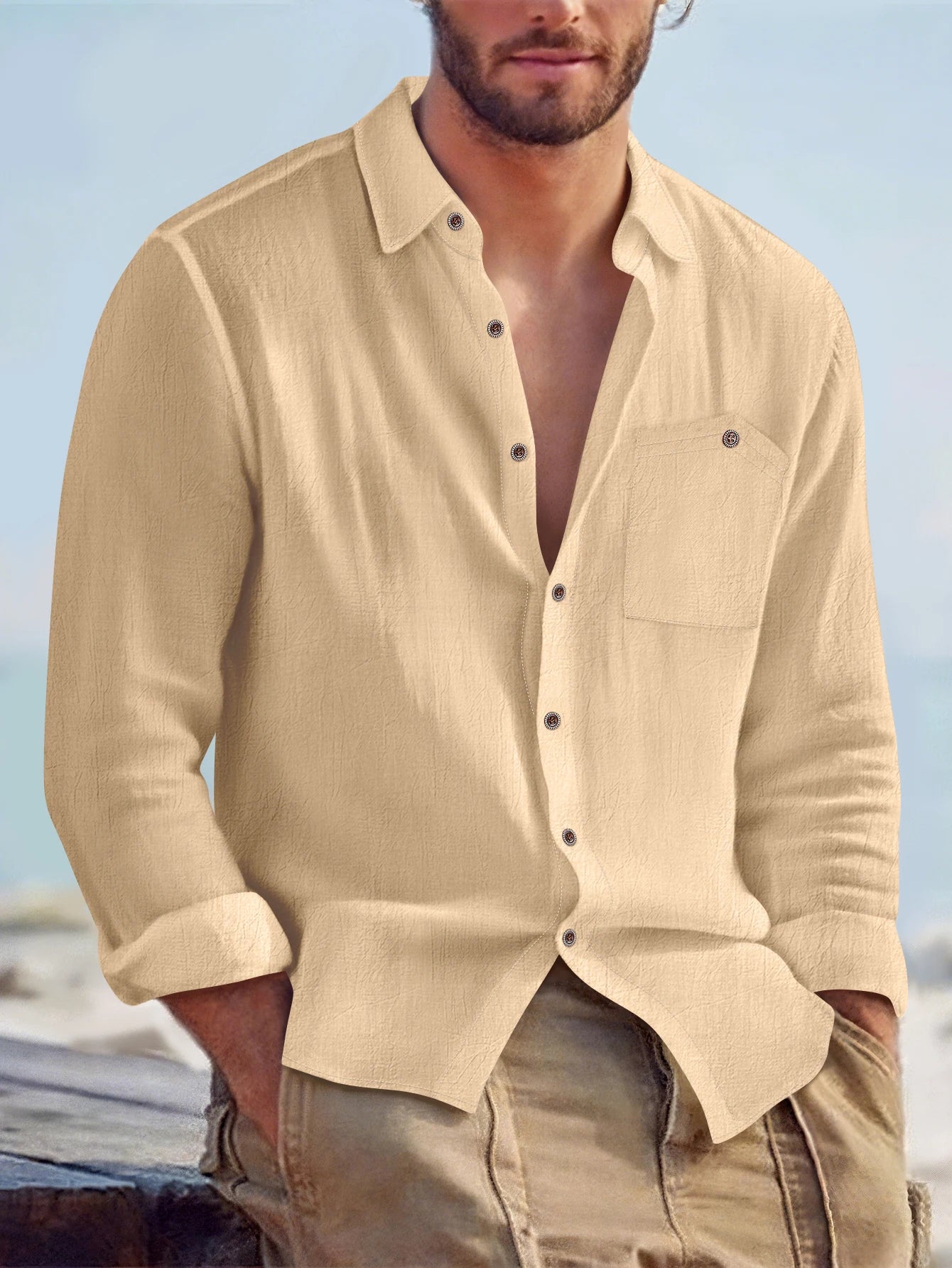 Men's Casual Long Sleeve Shirt – Soft Cotton & Hemp Blend for Autumn Wear — back view