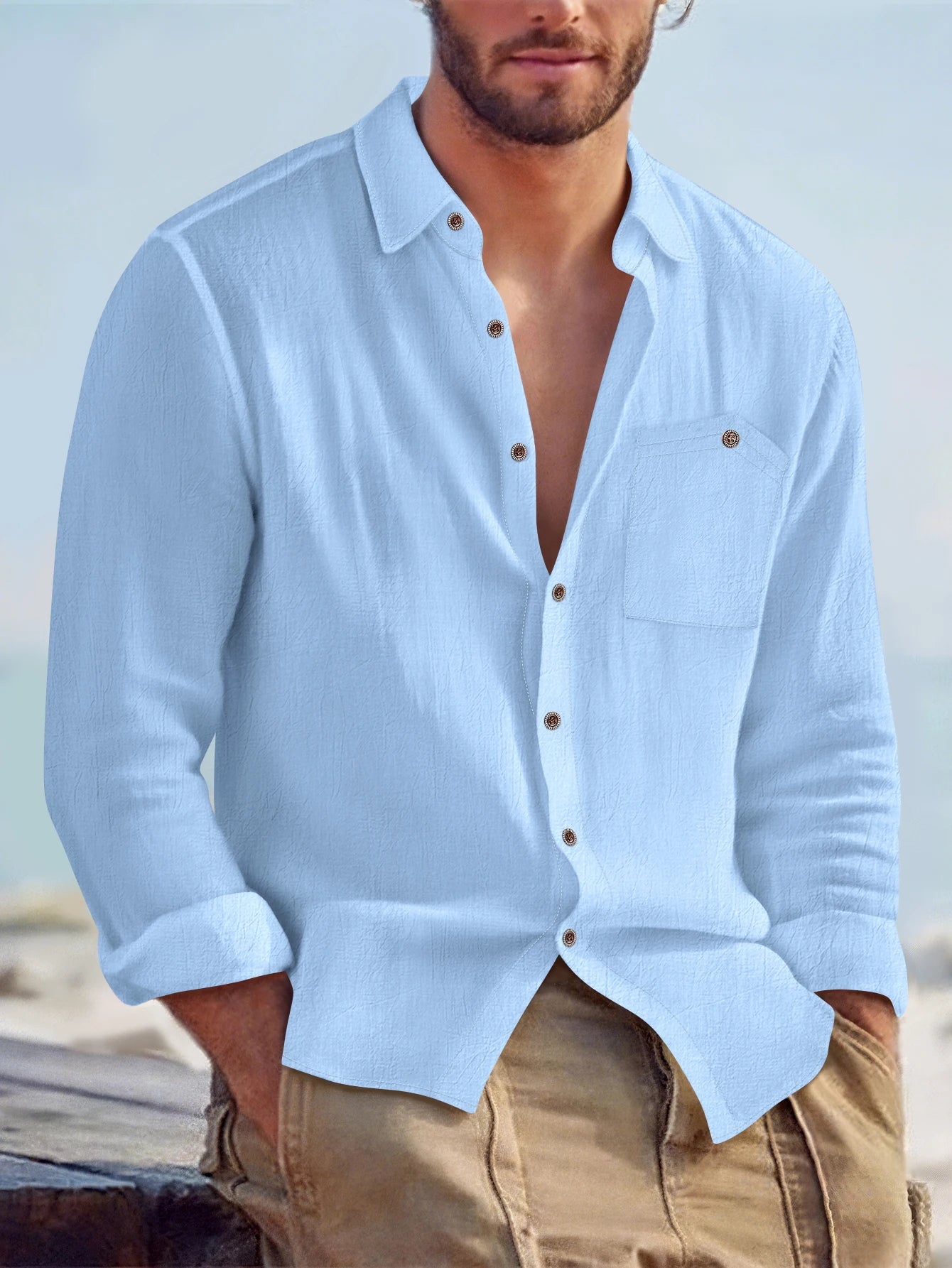 Men's Casual Long Sleeve Shirt – Soft Cotton & Hemp Blend for Autumn Wear — close-up