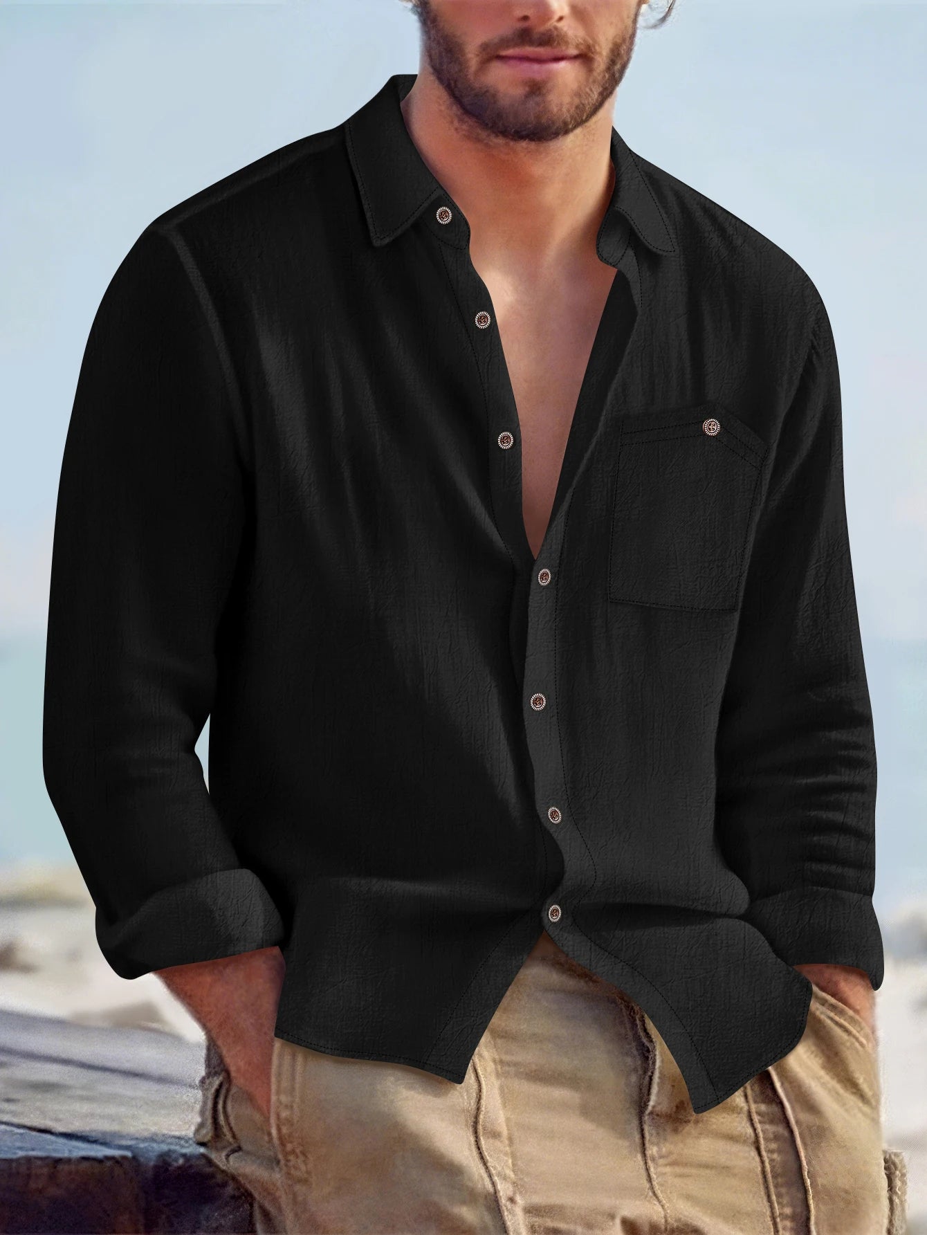 Men's Casual Long Sleeve Shirt – Soft Cotton & Hemp Blend for Autumn Wear — detail view