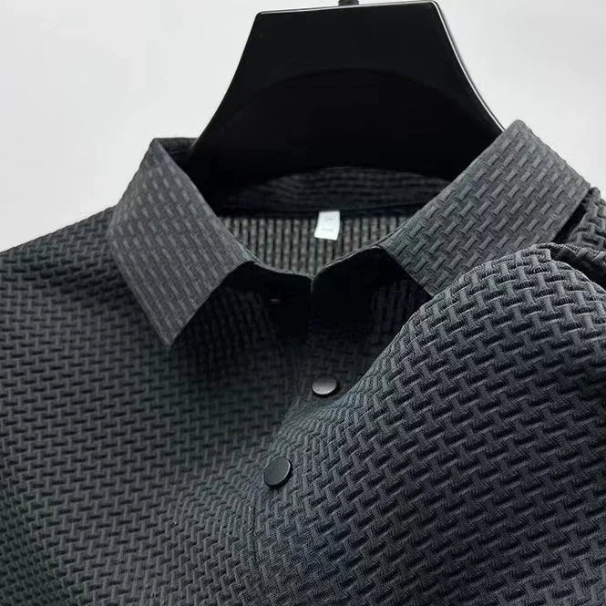 Men's Casual Polo Shirt – Breathable Solid Color with Bone Flower Pattern — alternative angle