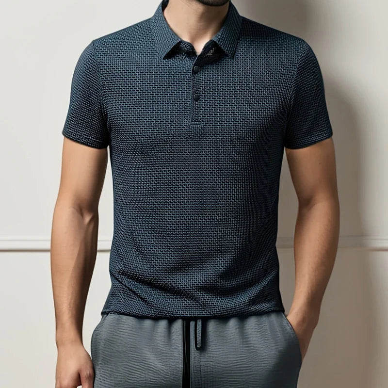 Men's Casual Polo Shirt – Breathable Solid Color with Bone Flower Pattern — back view