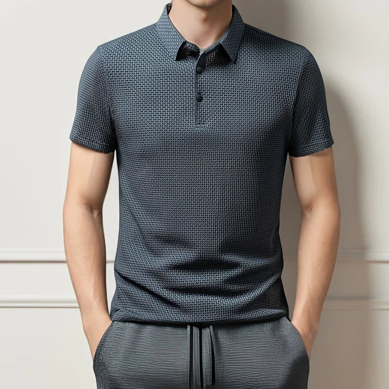Men's Casual Polo Shirt – Breathable Solid Color with Bone Flower Pattern — detail view