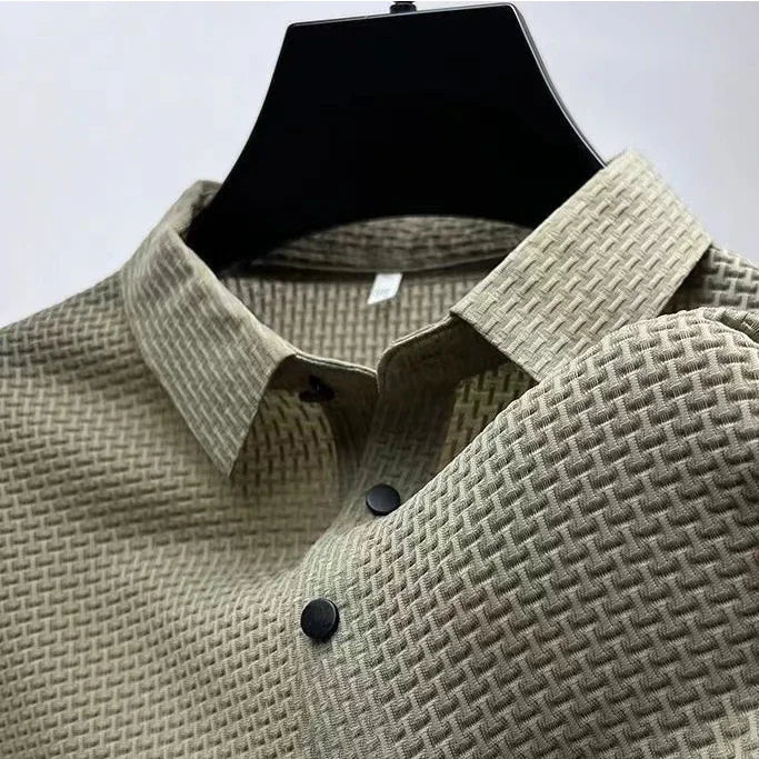 Men's Casual Polo Shirt – Breathable Solid Color with Bone Flower Pattern — fit overview