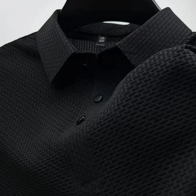 Men's Casual Polo Shirt – Breathable Solid Color with Bone Flower Pattern — front close-up