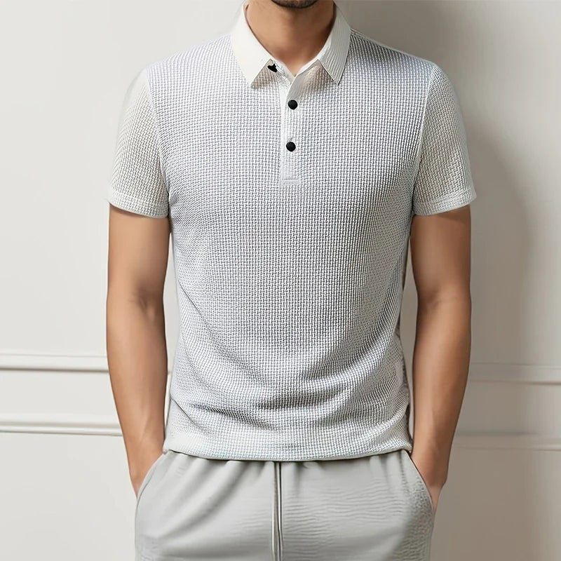 Men's Casual Polo Shirt – Breathable Solid Color with Bone Flower Pattern — model wearing