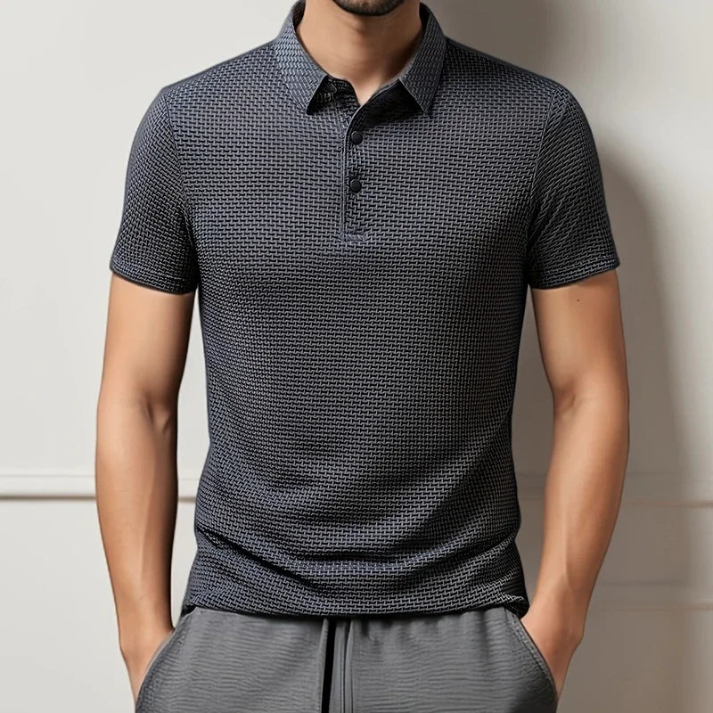 Men's Casual Polo Shirt – Breathable Solid Color with Bone Flower Pattern — side view