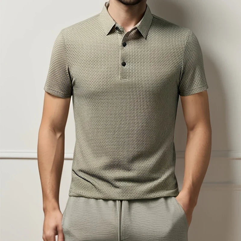 Men's Casual Polo Shirt – Breathable Solid Color with Bone Flower Pattern