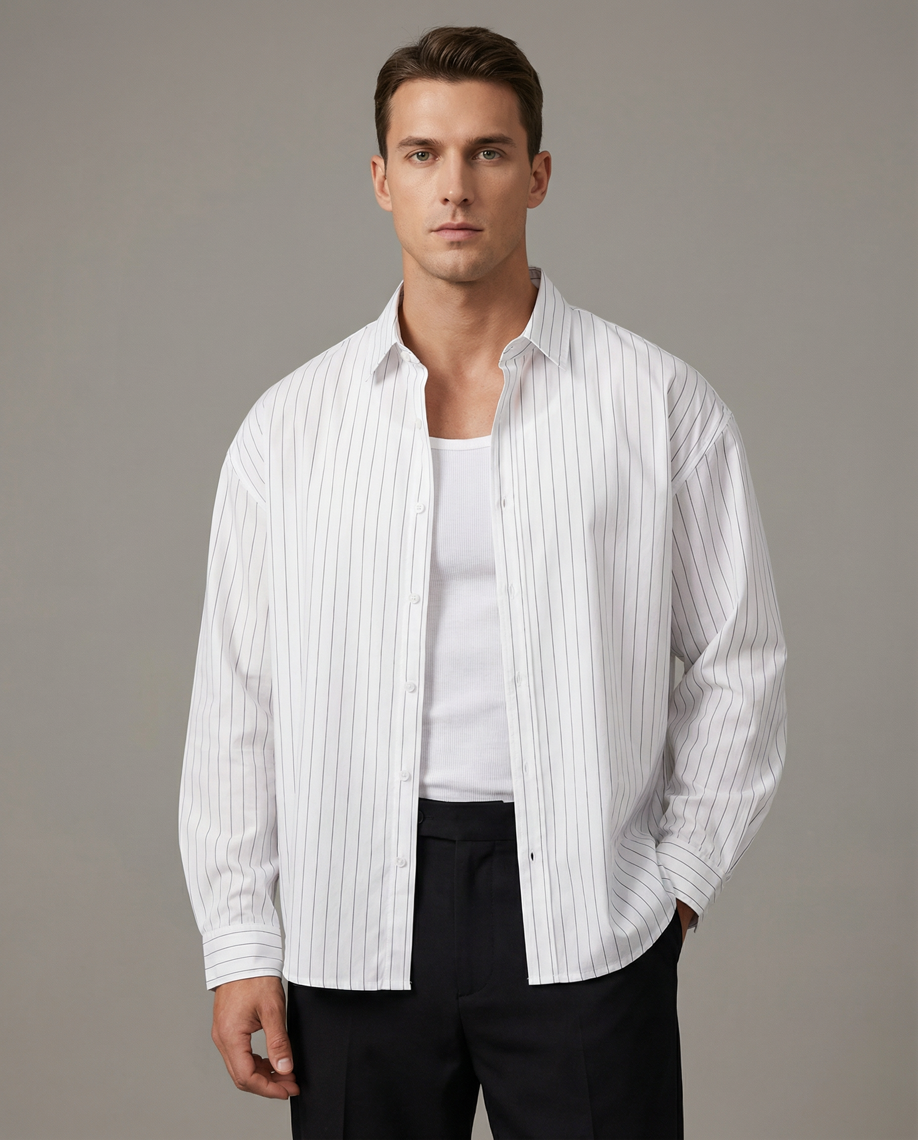 Men's Casual Shirt – Trendy Striped Long Sleeve Top for Effortless Street Style — back view