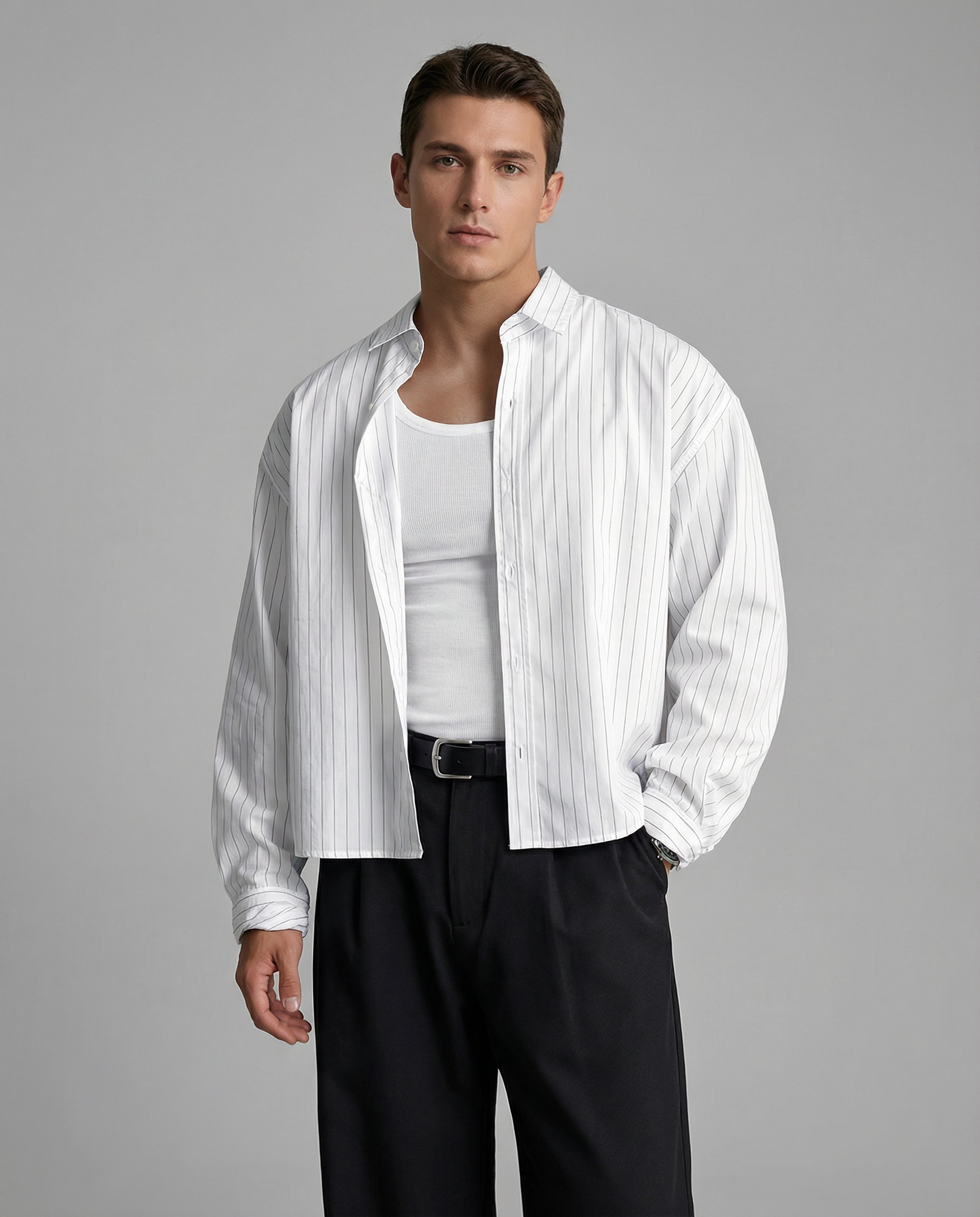 Men's Casual Shirt – Trendy Striped Long Sleeve Top for Effortless Street Style — detail view