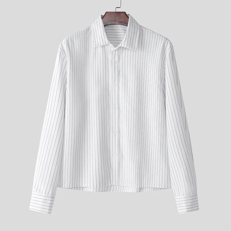 Men's Casual Shirt – Trendy Striped Long Sleeve Top for Effortless Street Style — model wearing