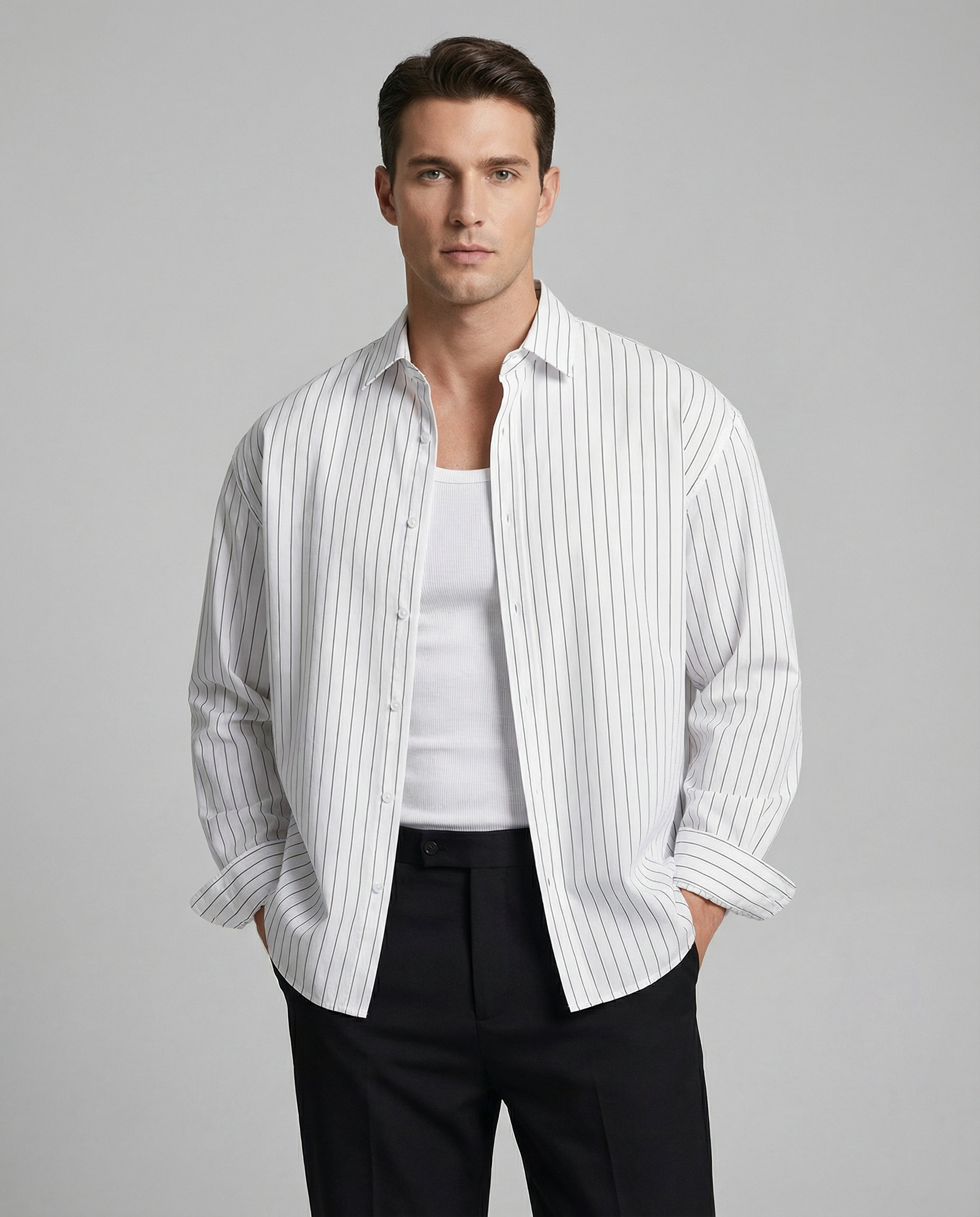 Men's Casual Shirt – Trendy Striped Long Sleeve Top for Effortless Street Style — side view