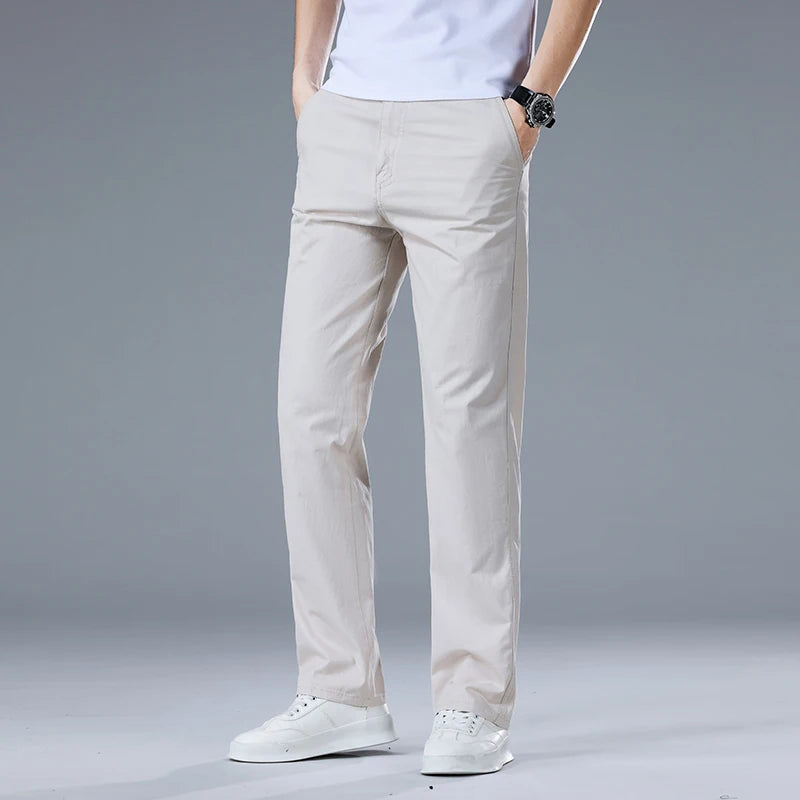 Men's Casual Trousers – Comfortable High Waist Straight Fit for Versatile Styling — model wearing