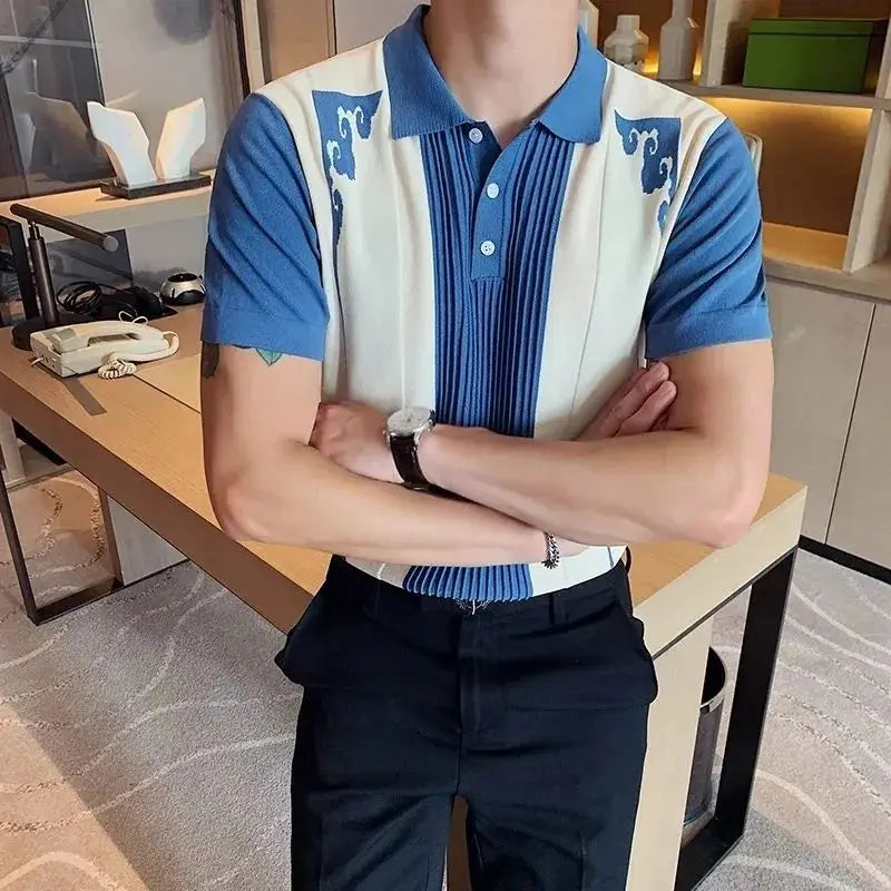 Men's Color Block Polo Shirt – Stylish Ethnic Jacquard Design for Casual and Semi-Formal Wear — back view