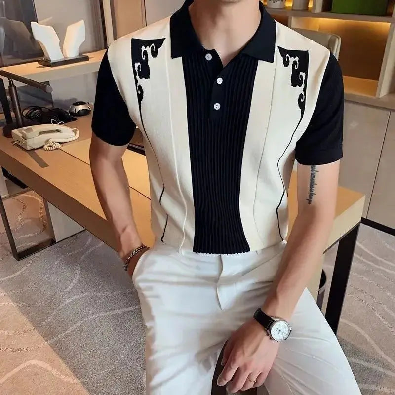 Men's Color Block Polo Shirt – Stylish Ethnic Jacquard Design for Casual and Semi-Formal Wear