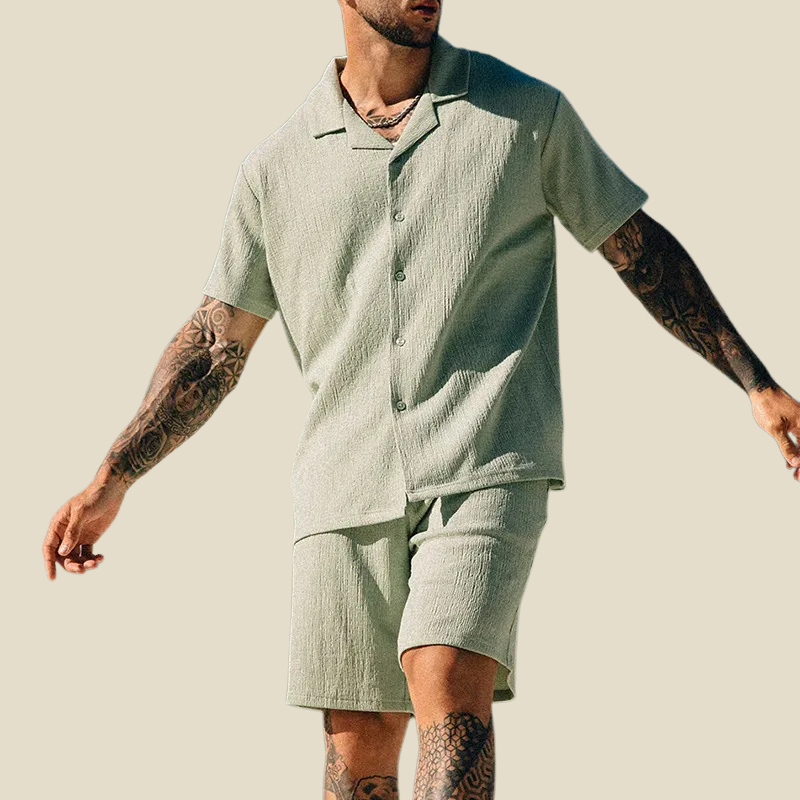 Men's Crinkle Textured Camp Collar Short Sleeve Shirt and Elasticated Bottoms Two Piece Relaxed Set