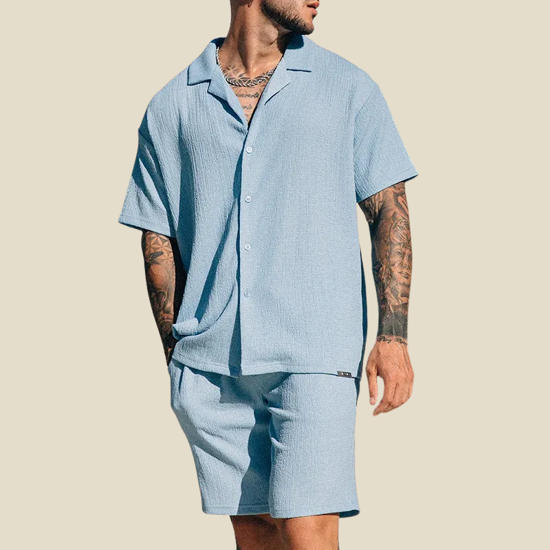 Men's Crinkle Textured Camp Collar Short Sleeve Shirt and Elasticated Bottoms Two Piece Relaxed Set