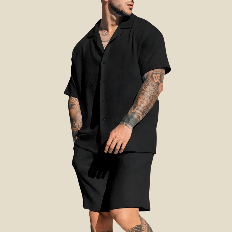 Men's Crinkle Textured Camp Collar Short Sleeve Shirt and Elasticated Bottoms Two Piece Relaxed Set