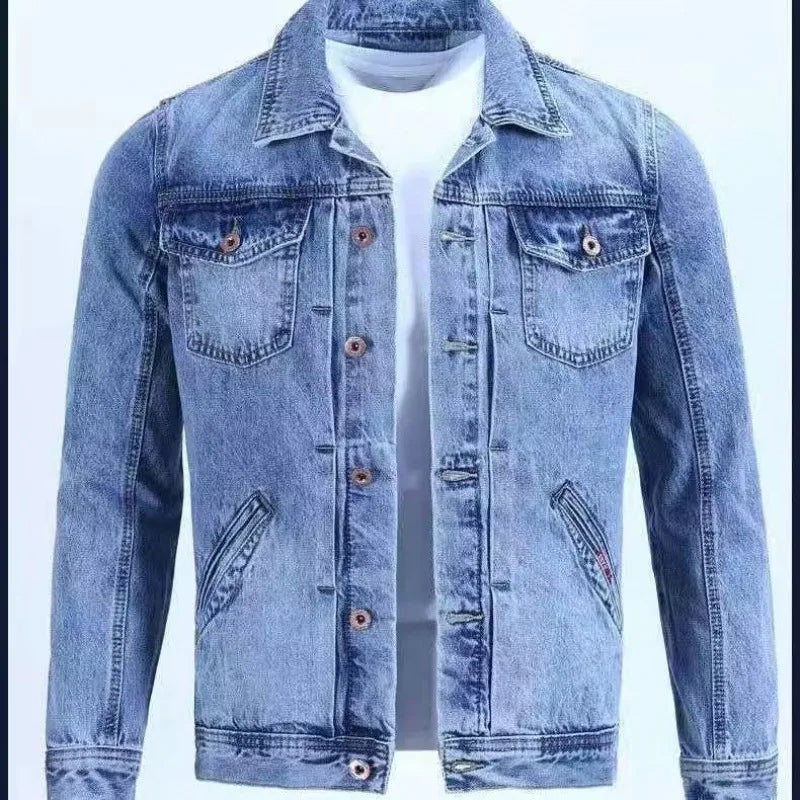 Men's Denim Jacket – Stylish Loose Fit for Year-Round Wear — model wearing