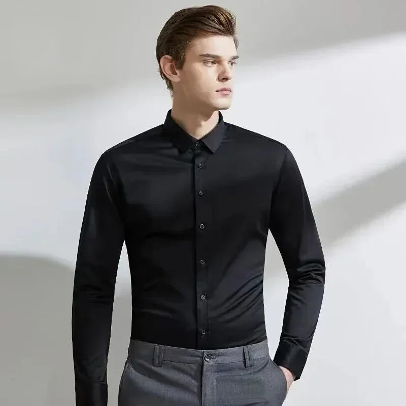 Men's Dress Shirt – Non-Iron Elastic Work Attire for Professional Comfort — model wearing