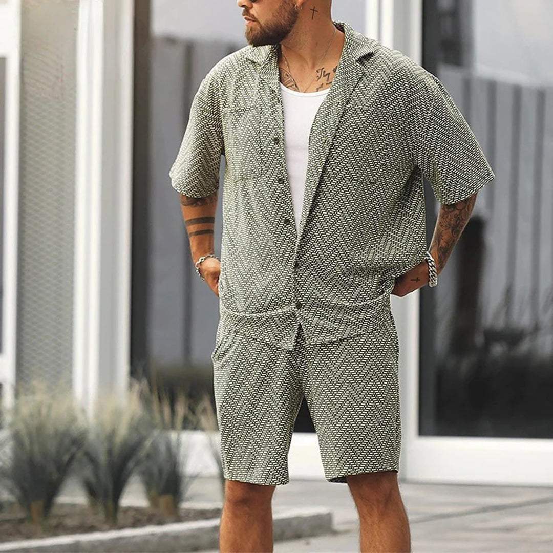 Men's Green Chevron Print Short Sleeve Button Down Shirt and Drawstring Shorts Two Piece Casual Summer Set