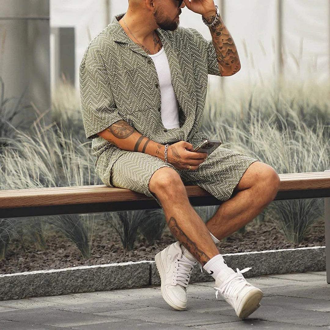 Men's Green Chevron Print Short Sleeve Button Down Shirt and Drawstring Shorts Two Piece Casual Summer Set