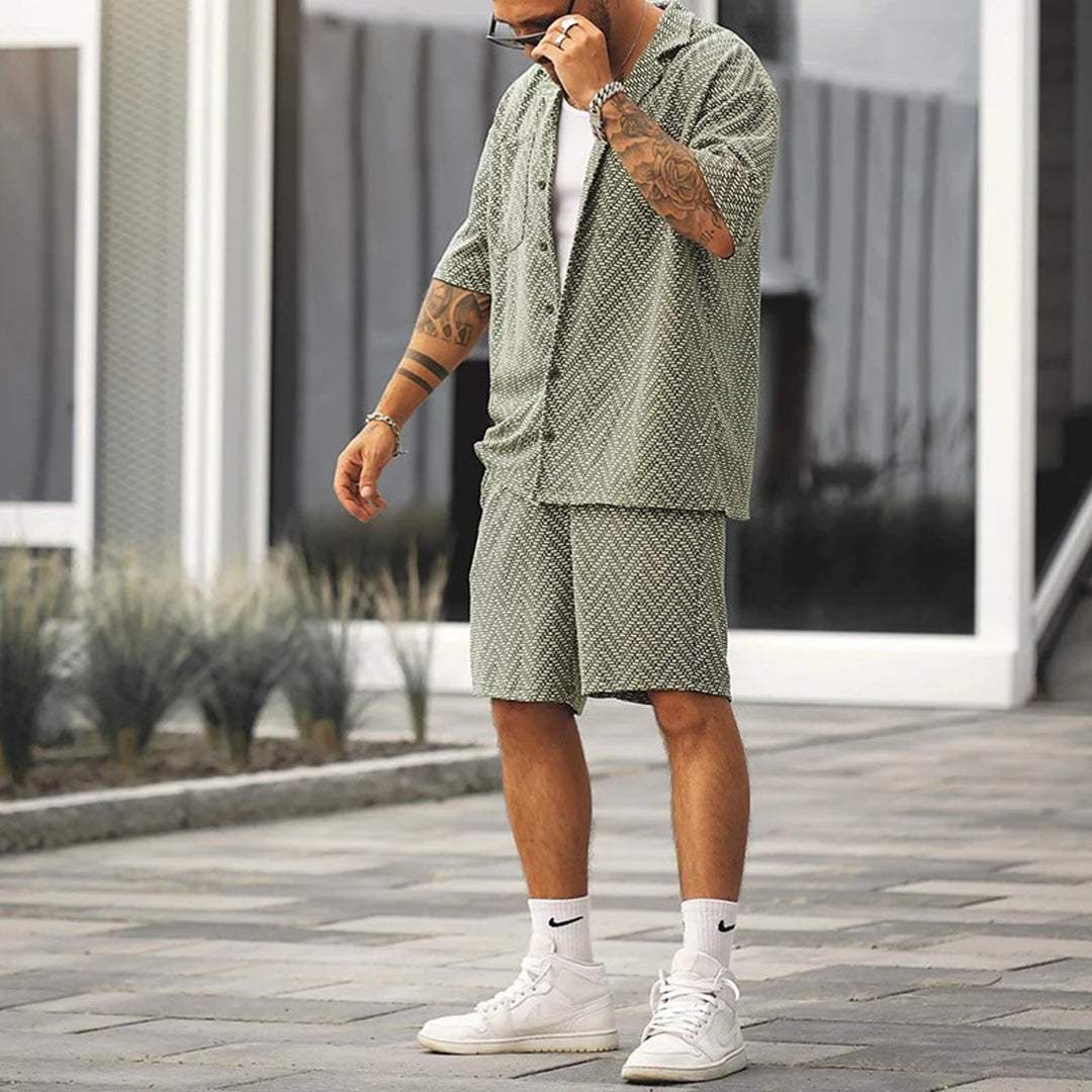 Men's Green Chevron Print Short Sleeve Button Down Shirt and Drawstring Shorts Two Piece Casual Summer Set