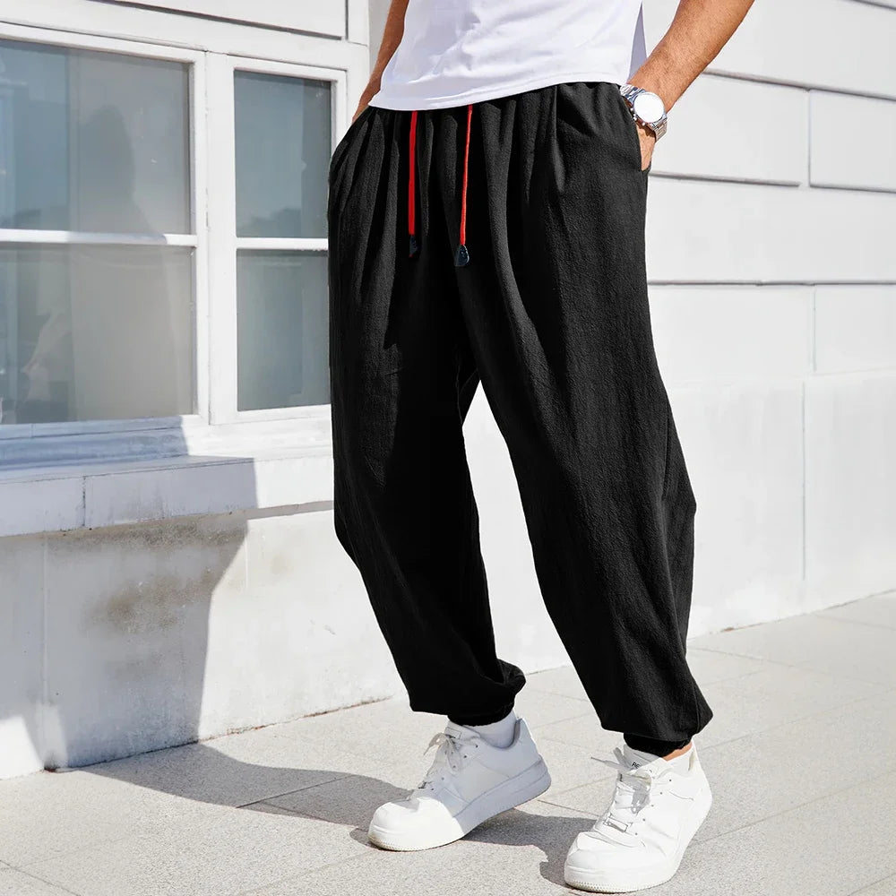 Men's Harem Pants – Cozy Loose Fit Cotton-Linen Trousers — close-up