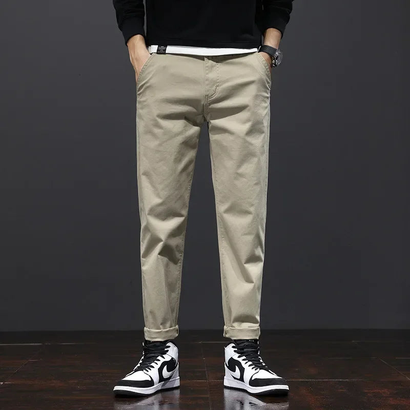 Men's Khaki Chino Pants – Comfortable Loose Fit for Everyday Wear — front close-up