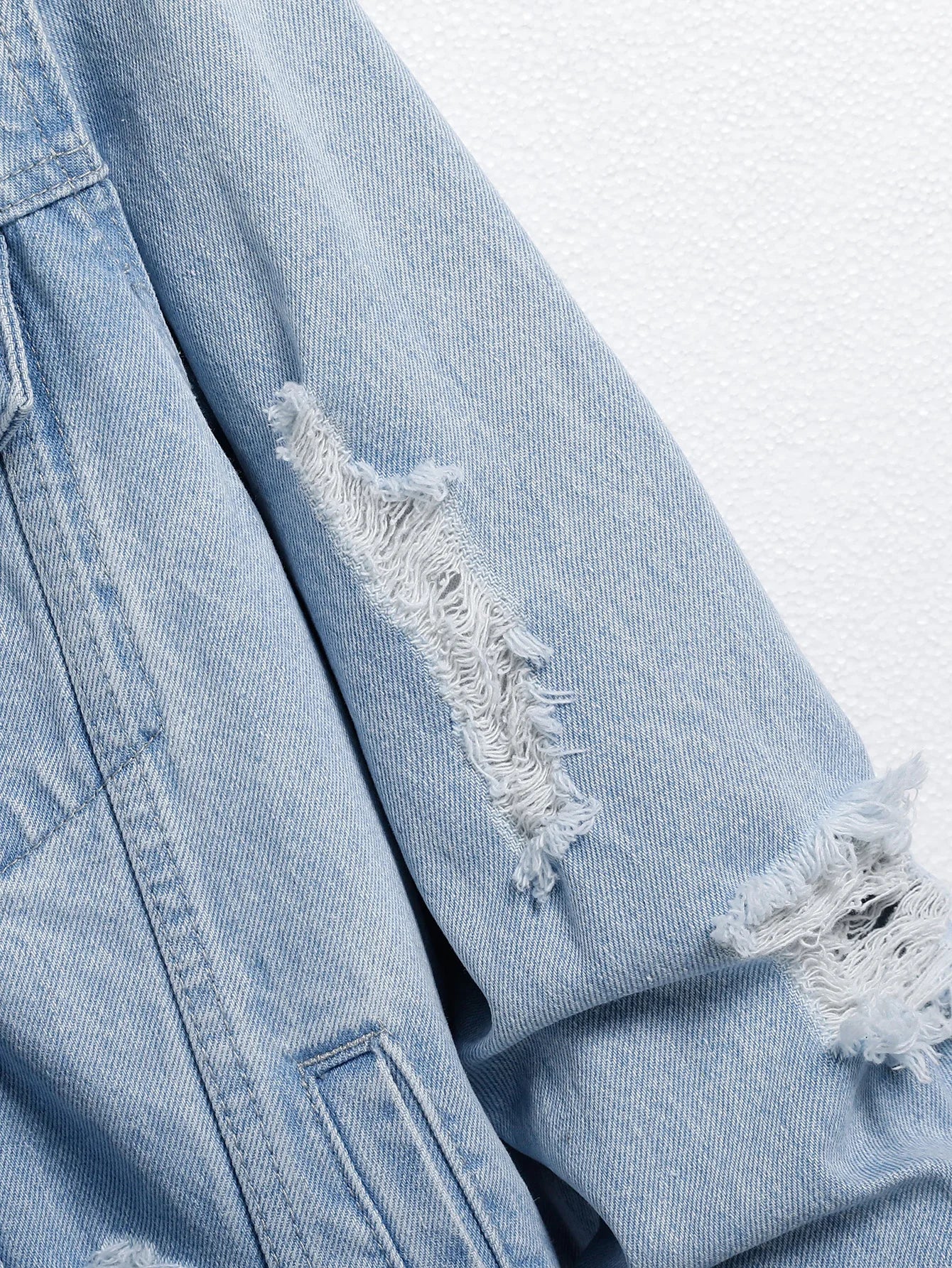 Men's Light Blue Denim Jacket – Trendy Ripped Design for Stylish Casual Wear — alternative angle