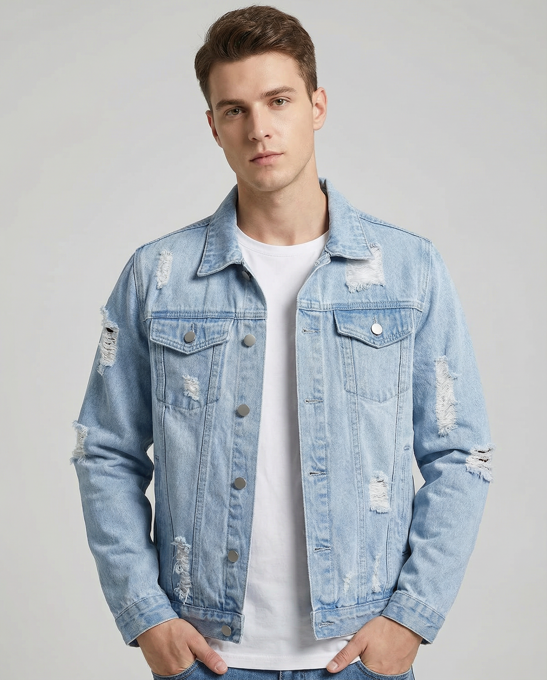 Men's Light Blue Denim Jacket – Trendy Ripped Design for Stylish Casual Wear — back view