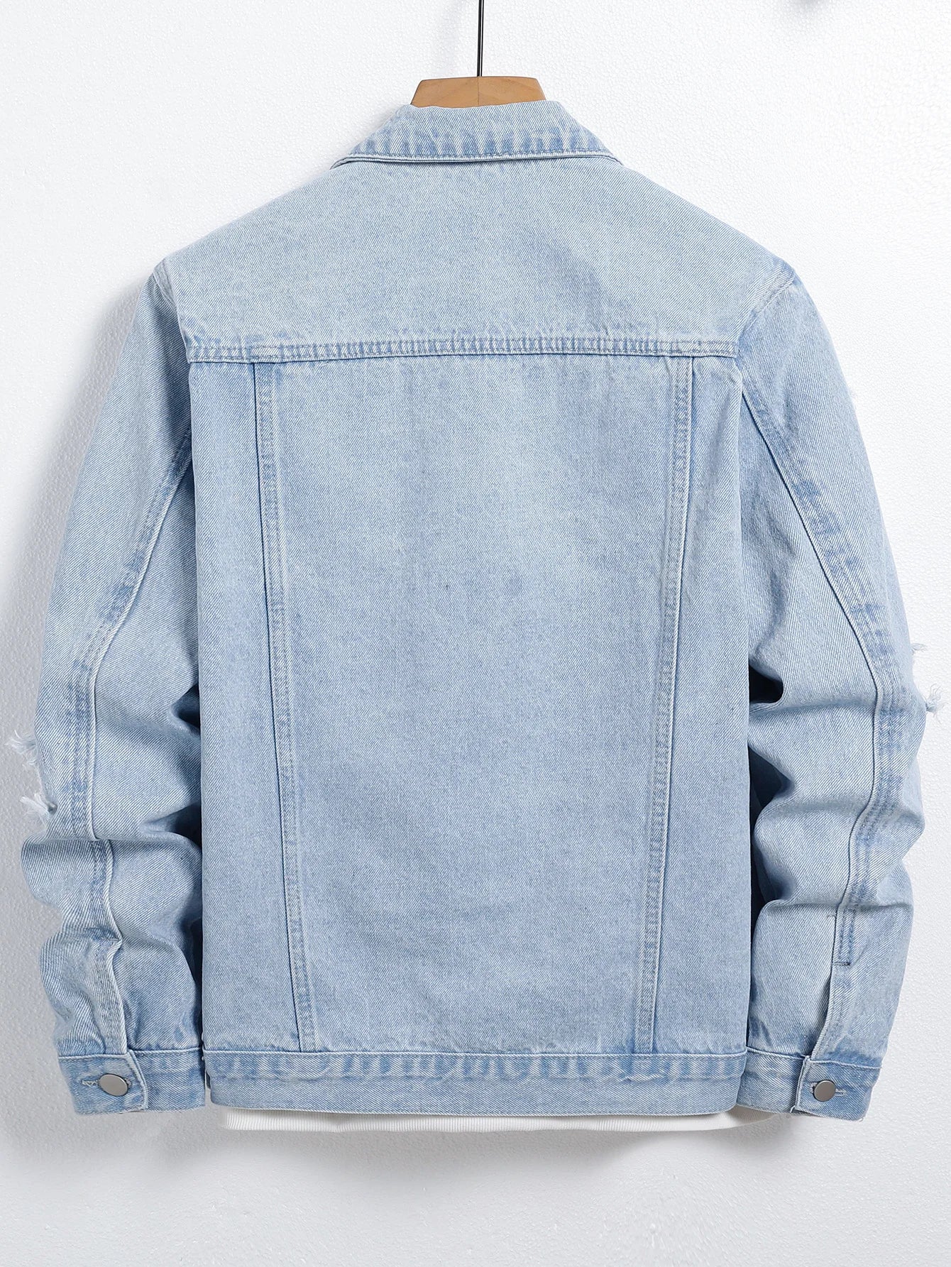Men's Light Blue Denim Jacket – Trendy Ripped Design for Stylish Casual Wear — close-up