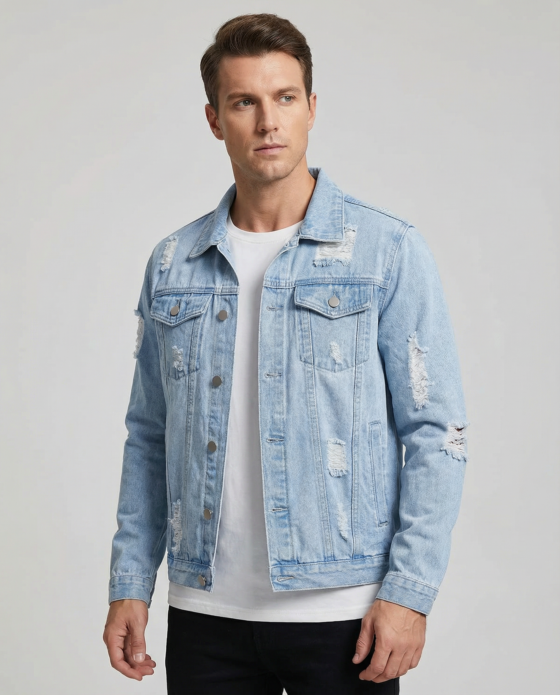 Men's Light Blue Denim Jacket – Trendy Ripped Design for Stylish Casual Wear — detail view