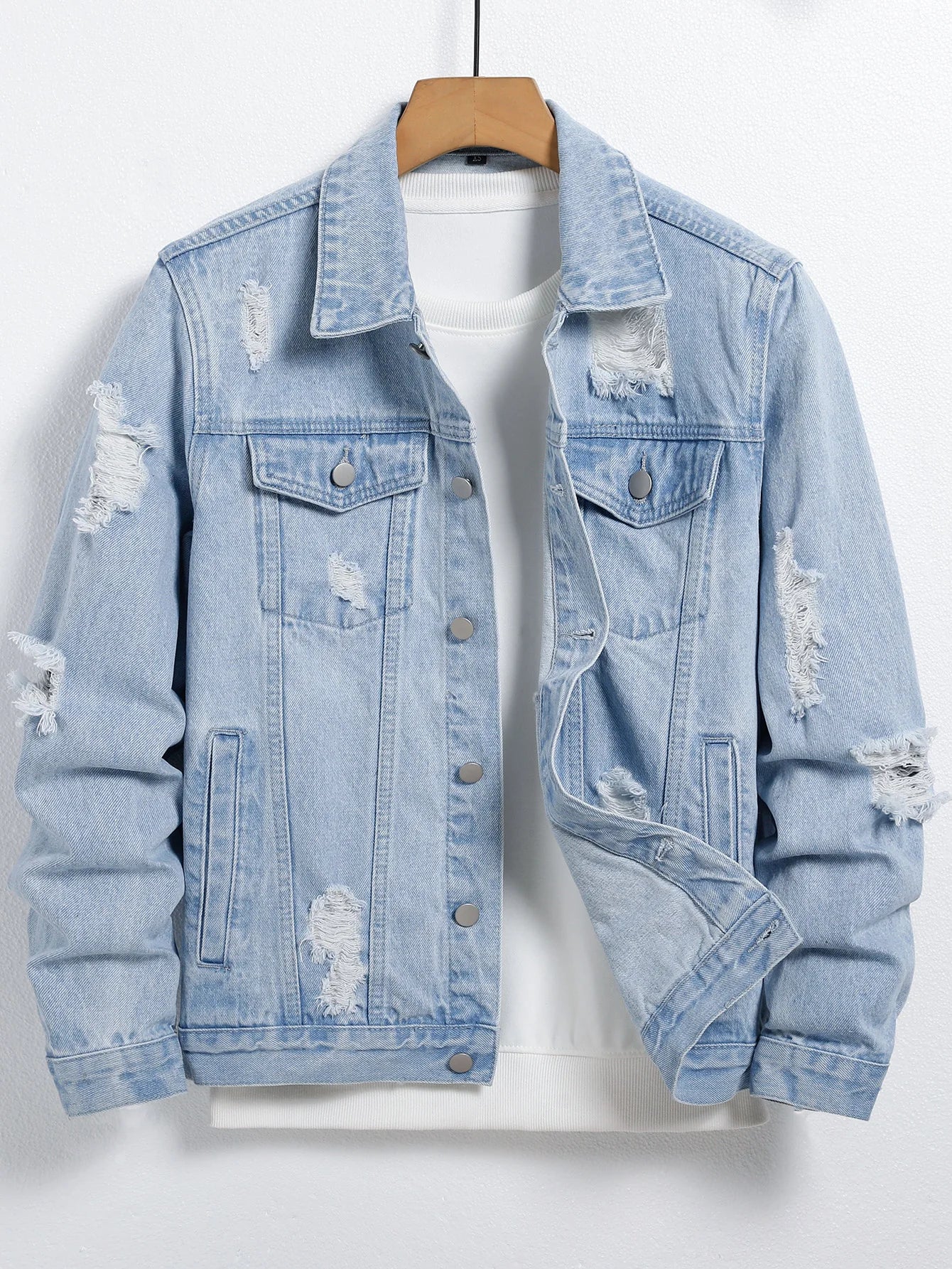Men's Light Blue Denim Jacket – Trendy Ripped Design for Stylish Casual Wear — model wearing
