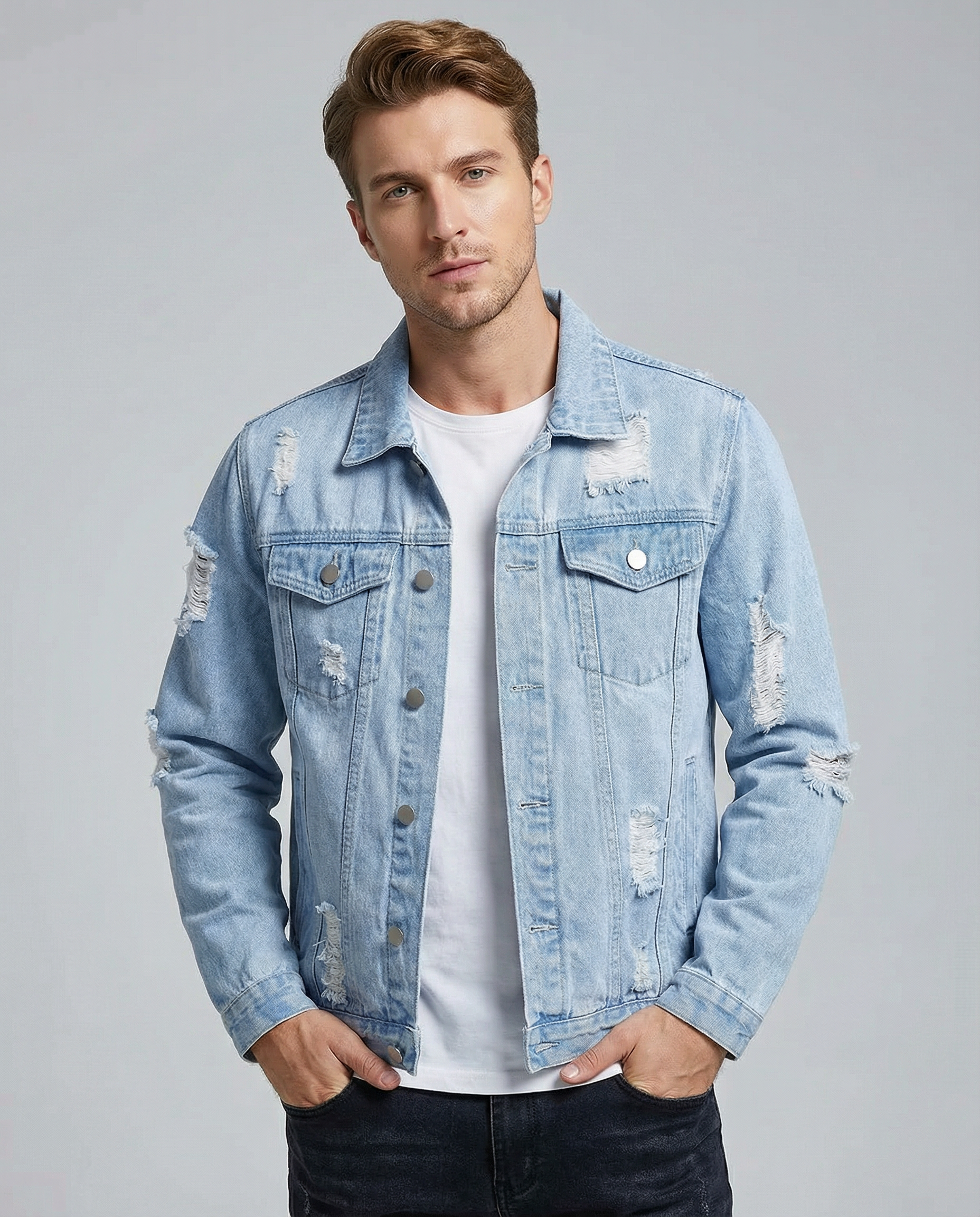 Men's Light Blue Denim Jacket – Trendy Ripped Design for Stylish Casual Wear — side view