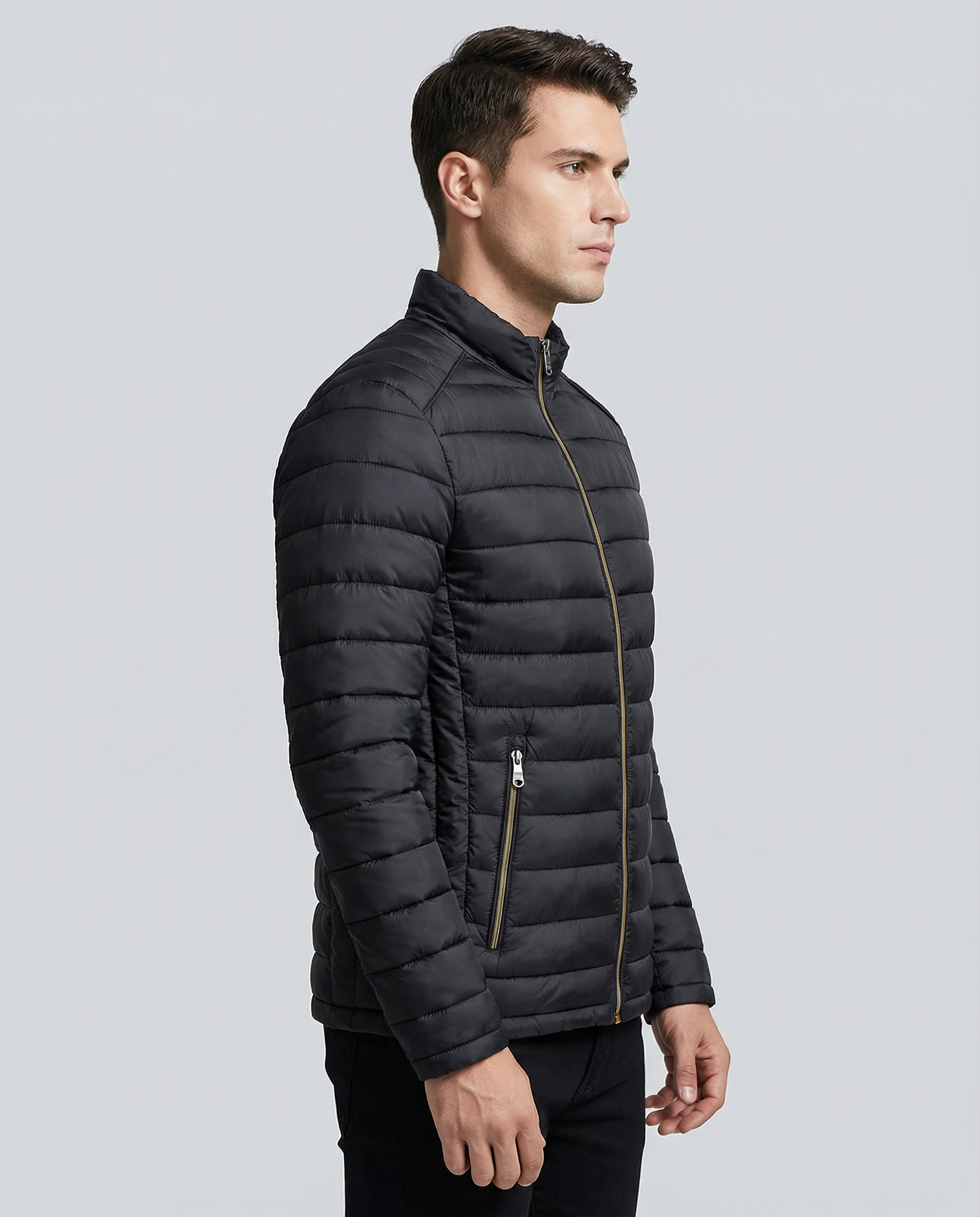 Men's Lightweight Quilted Puffer Jacket - Slim Fit, Water-Resistant Technical Fabric, Stand Collar — back view