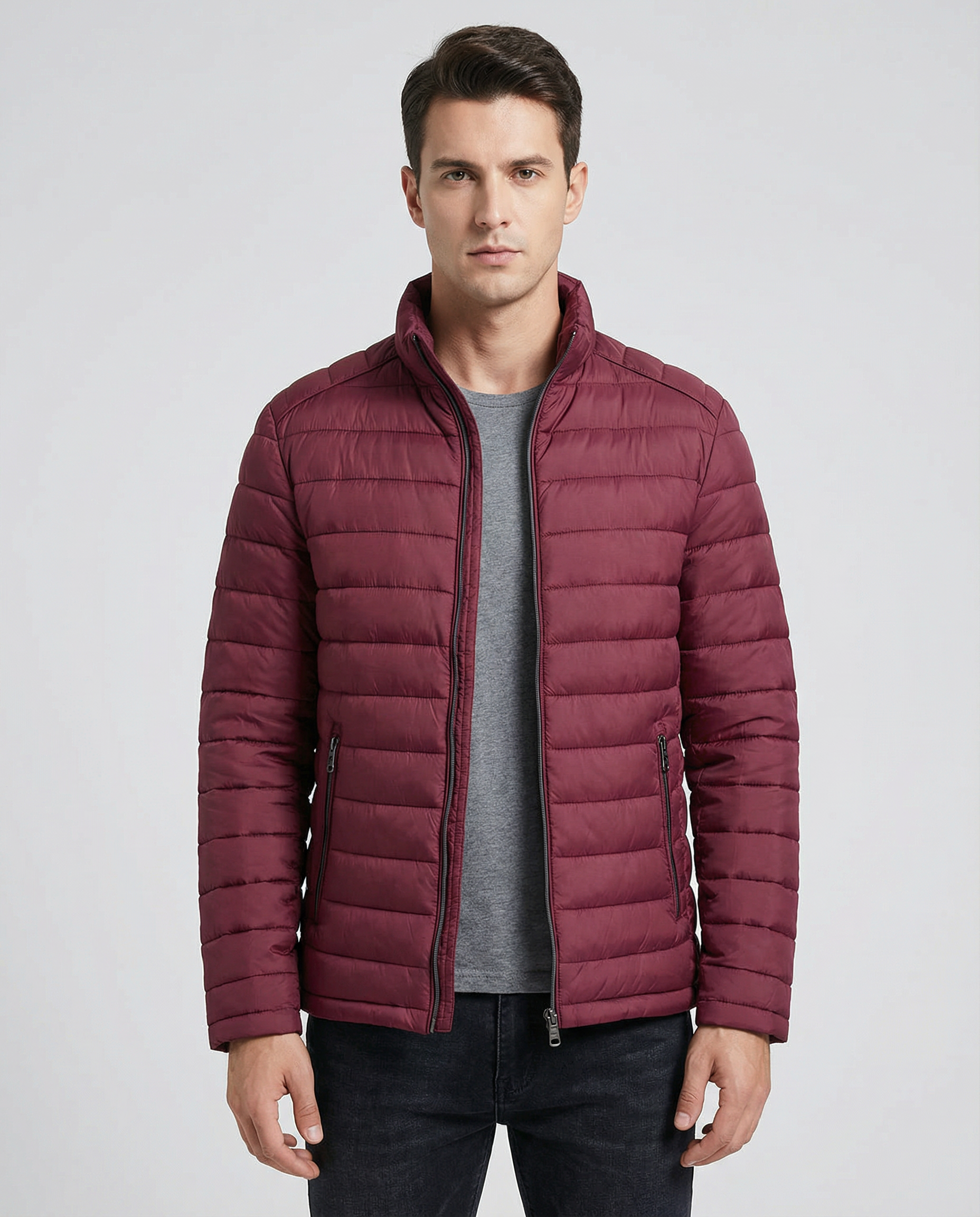Men's Lightweight Quilted Puffer Jacket - Slim Fit, Water-Resistant Technical Fabric, Stand Collar — close-up